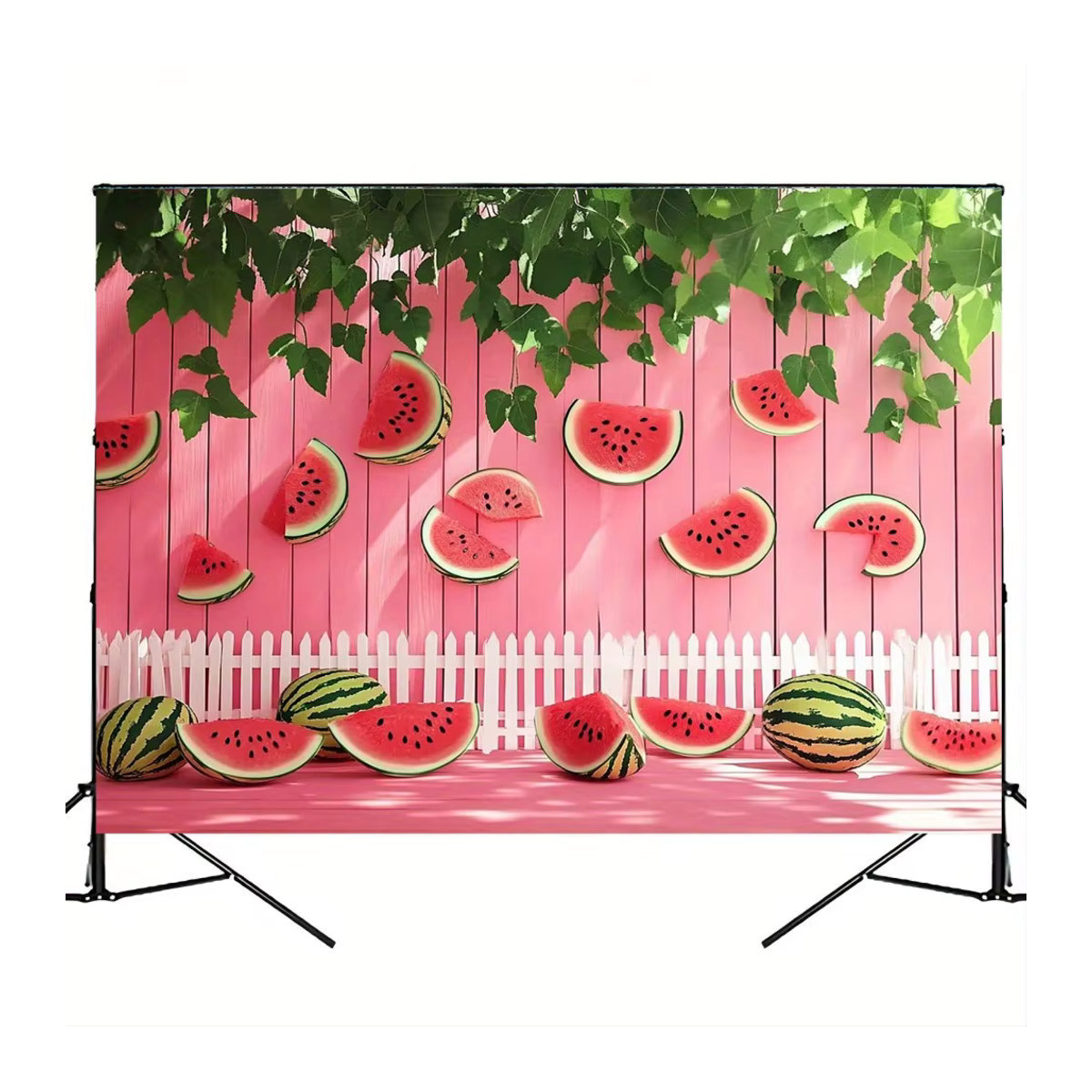 Sommerparty-Banner mit Wassermelonen und grünen Blättern auf rosa Hintergrund für Hochzeiten und Dekorationen, rechteckig - Bild 4