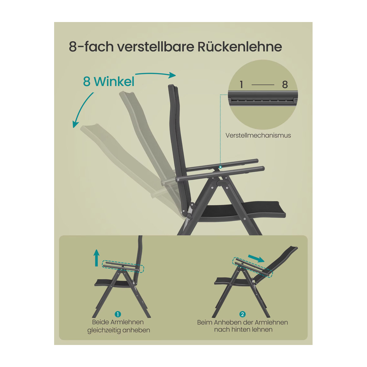 SONGMICS 2er Set Gartenklappstühle in Anthrazit mit robustem Aluminiumgestell und 8-stufig verstellbarer Rückenlehne - Bild 4