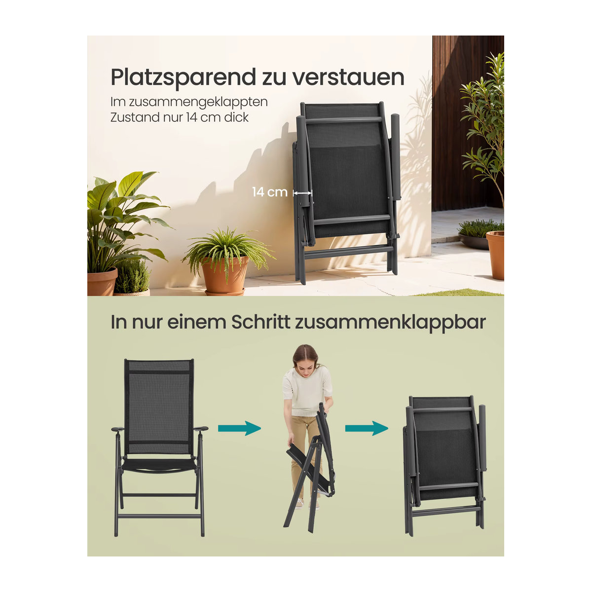 SONGMICS 2er Set Gartenklappstühle in Anthrazit mit robustem Aluminiumgestell und 8-stufig verstellbarer Rückenlehne - Bild 5