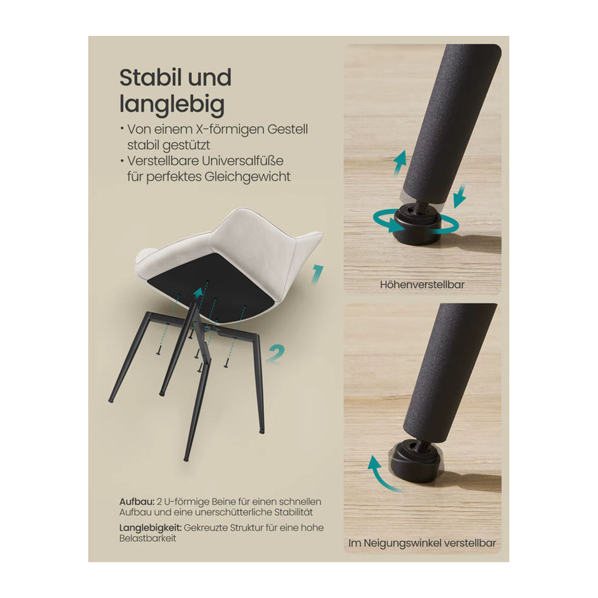 SONGMICS 6er Set Esszimmerstühle Modern mit Armlehnen und Samtbezug in Beige und Braun - Bild 3
