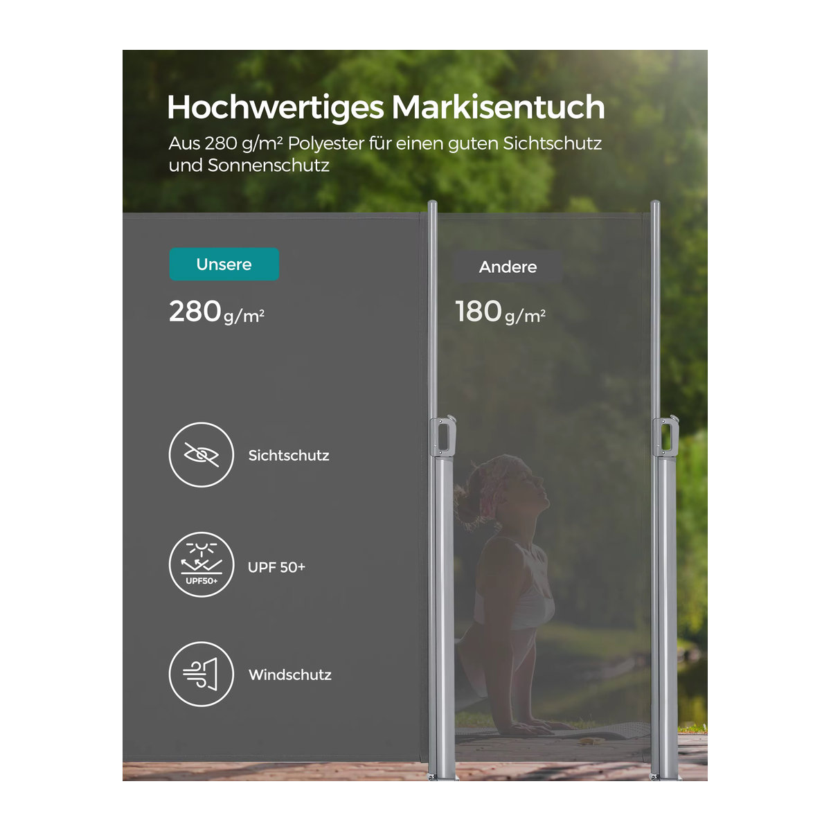 SONGMICS Alu-Seitenmarkise ausziehbar als blickdichter Sonnenschutz für Balkon und Terrasse, Breite: 350 cm, Höhe: 180 cm - Bild 3