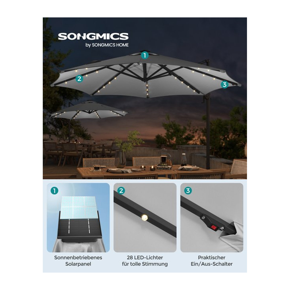 SONGMICS Ampelschirm mit 28 Solar-LED-Leuchten, 300 cm Durchmesser, UPF 50+, 360 Grad drehbar mit Kurbel und Kreuzfuß - Bild 1