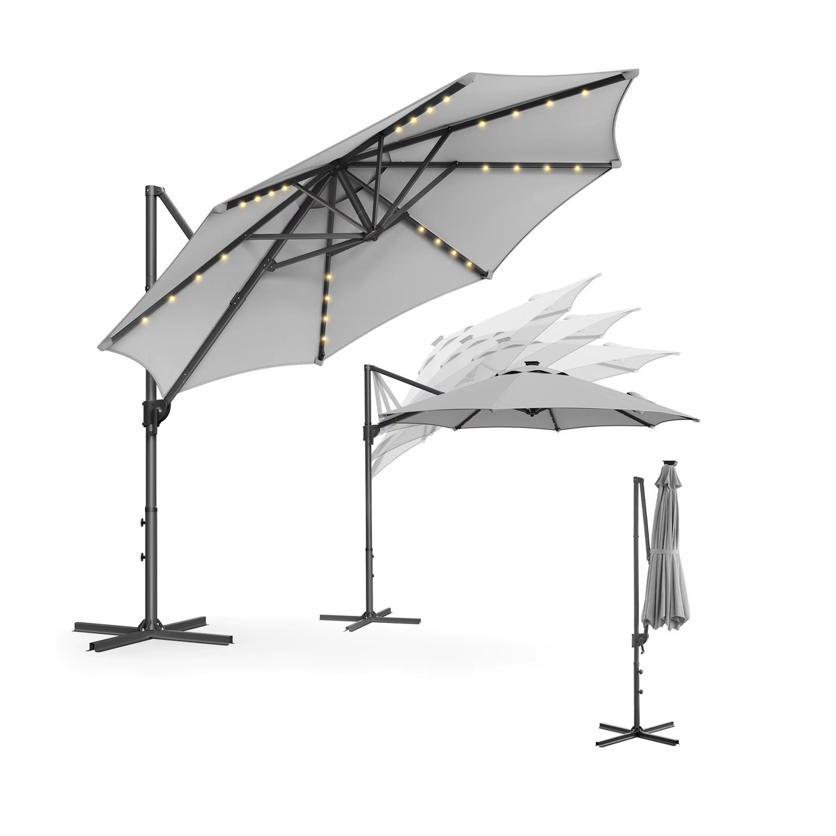 SONGMICS Ampelschirm mit 28 Solar-LED-Leuchten, 300 cm Durchmesser, UPF 50+, 360 Grad drehbar mit Kurbel und Kreuzfuß - Bild 5
