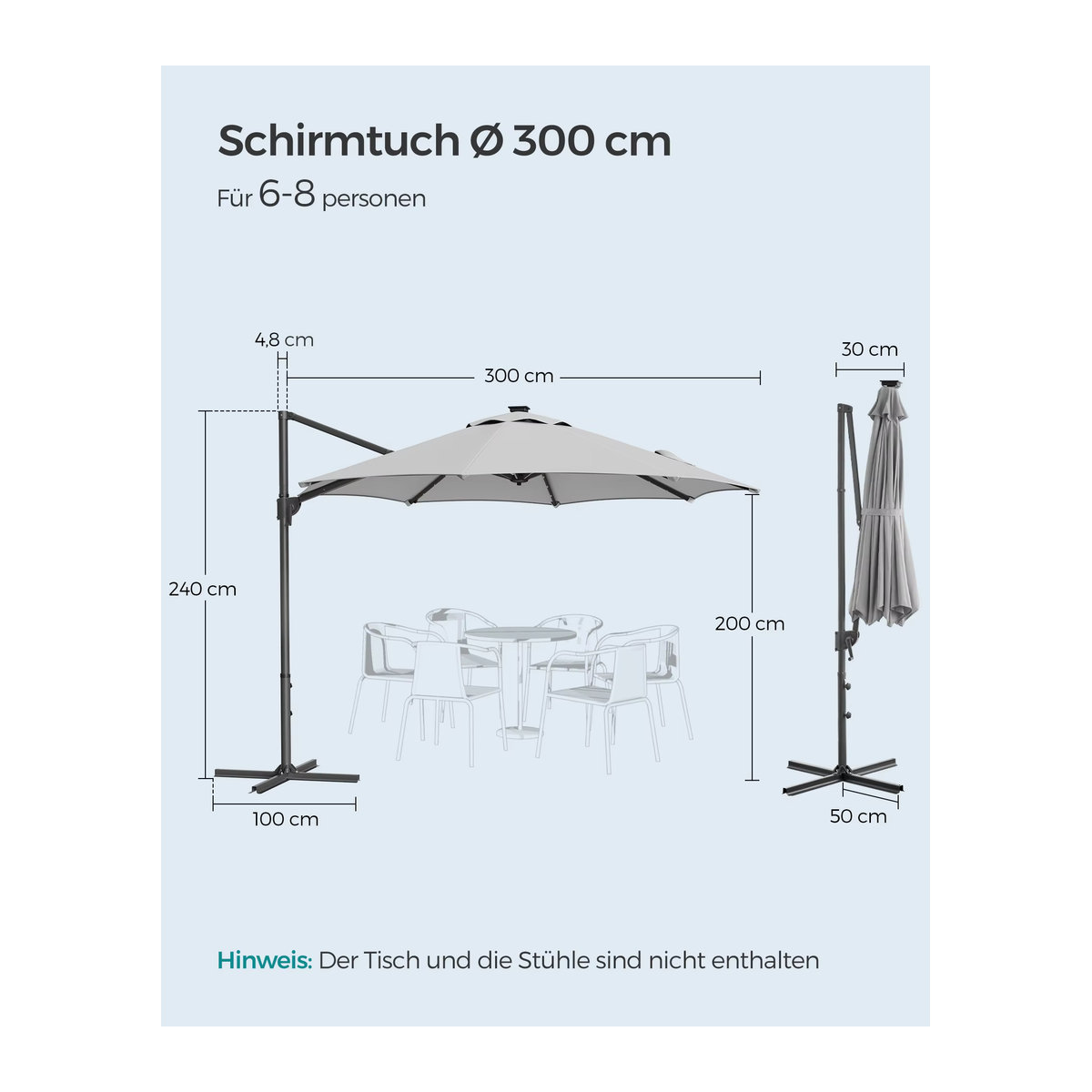 SONGMICS Ampelschirm mit 28 Solar-LED-Leuchten, 300 cm Durchmesser, UPF 50+, 360 Grad drehbar mit Kurbel und Kreuzfuß - Bild 6