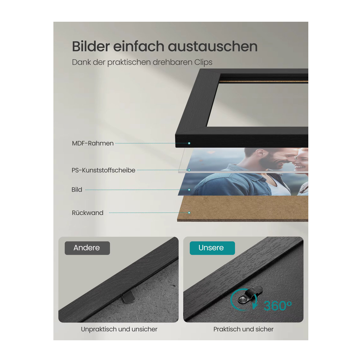 SONGMICS Bilderrahmen 10er Set in Schwarz mit MDF und Kunststoffscheibe für Tischaufstellung oder Wandmontage - Bild 3