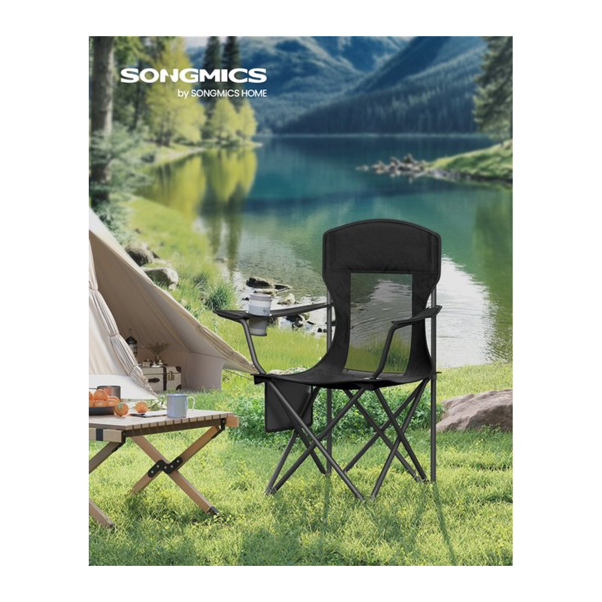 SONGMICS Campingstuhl 2er Set in Grau und Schwarz mit hoher Rückenlehne, verstellbaren Armlehnen und Getränkehalter, klappbar und bis 150 kg belastbar - Bild 1