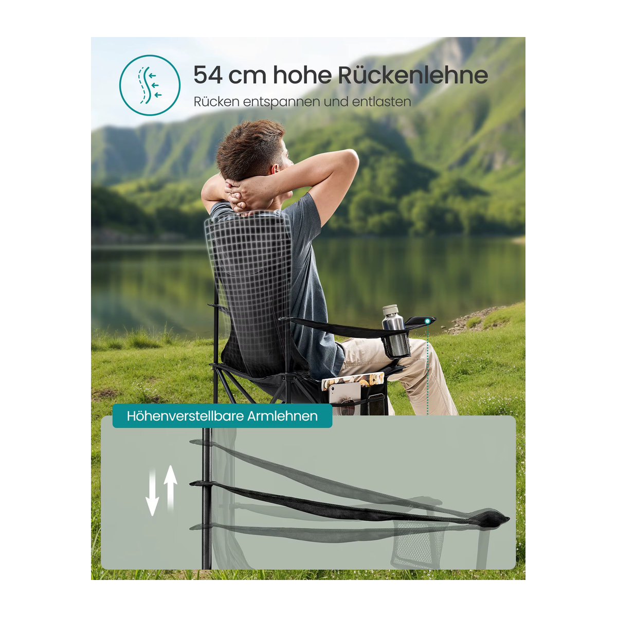 SONGMICS Campingstuhl 2er Set mit hoher Rückenlehne und verstellbaren Armlehnen, klappbare Angelstühle mit Getränkehalter, belastbar bis 150 kg - Bild 3