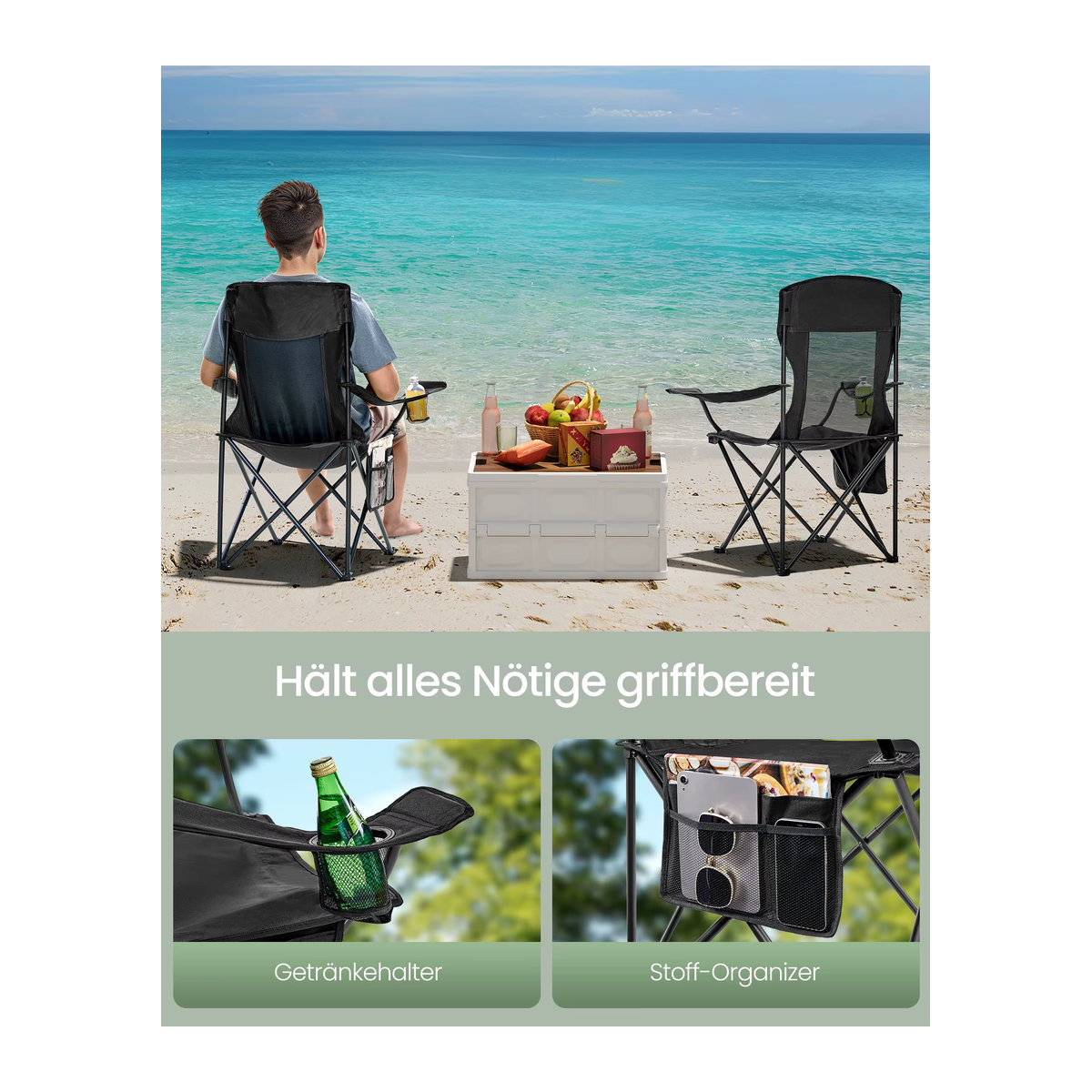 SONGMICS Campingstuhl 2er Set mit hoher Rückenlehne und verstellbaren Armlehnen, klappbare Angelstühle mit Getränkehalter, belastbar bis 150 kg - Bild 4