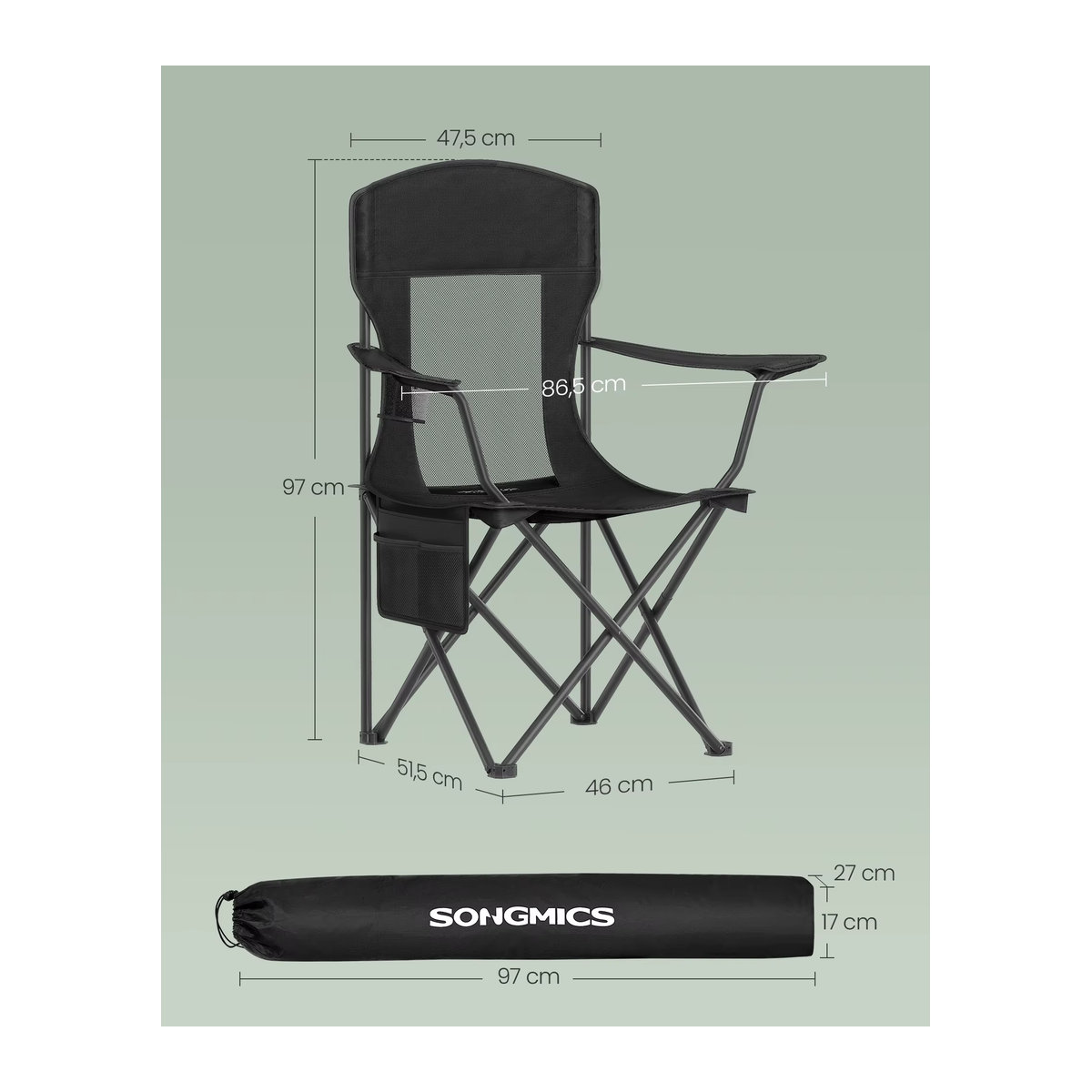 SONGMICS Campingstuhl 2er Set mit hoher Rückenlehne und verstellbaren Armlehnen, klappbare Angelstühle mit Getränkehalter, belastbar bis 150 kg - Bild 6