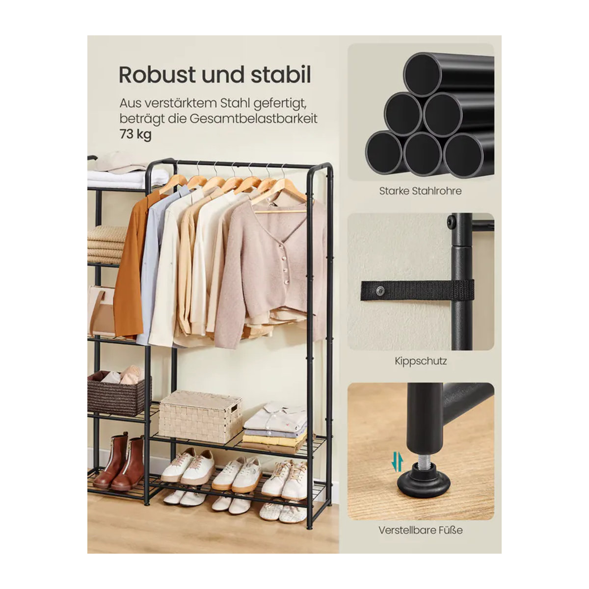 SONGMICS Garderobenständer aus Metall mit Ablagen, minimalistisches Design, B/T/H: 112 x 29 x 158,4 cm - Bild 3