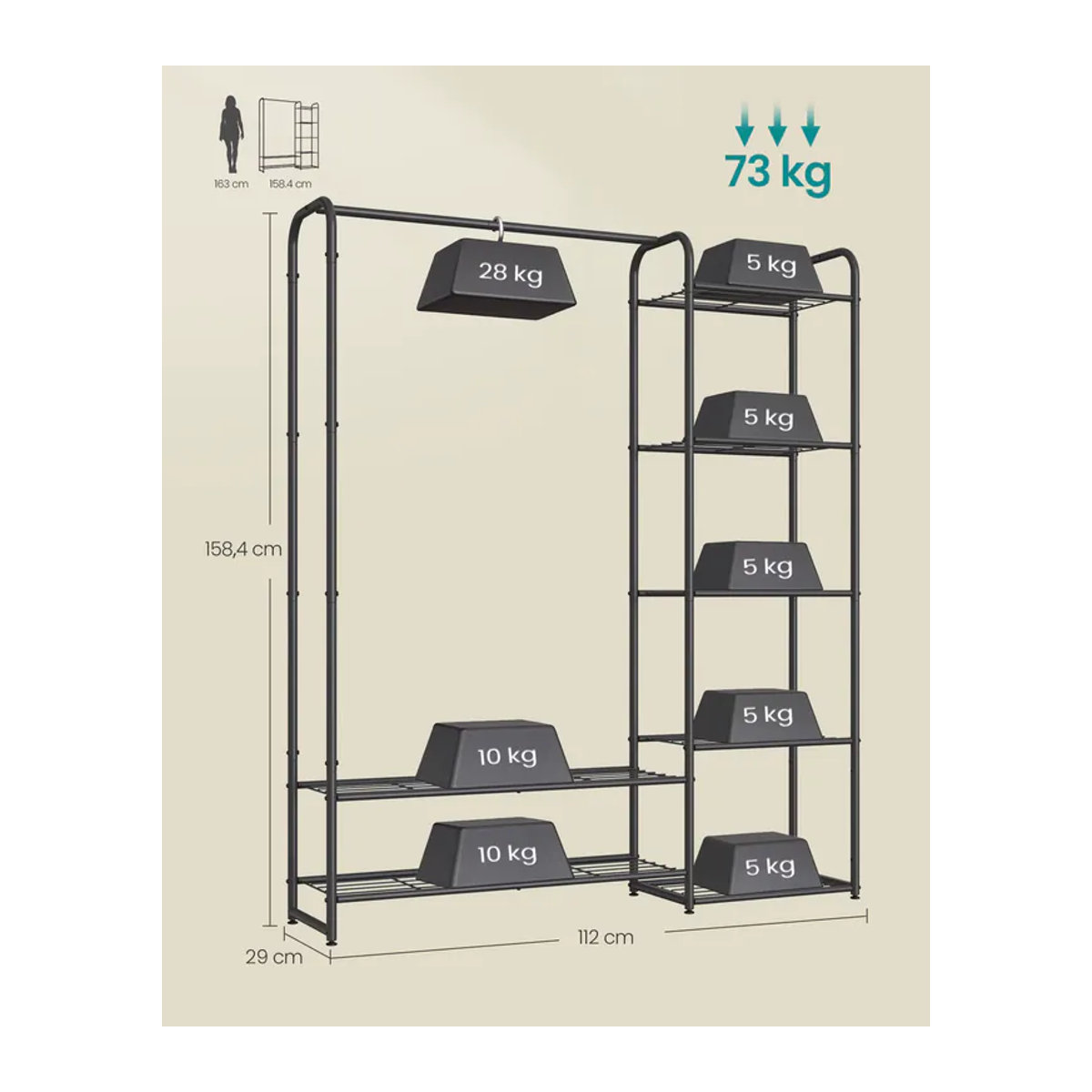 SONGMICS Garderobenständer aus Metall mit Ablagen, minimalistisches Design, B/T/H: 112 x 29 x 158,4 cm - Bild 4