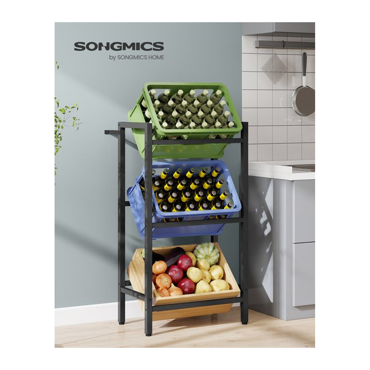 SONGMICS Getränkekistenregal aus Stahl in Schwarz, 3 Ebenen für 3 Kisten, belastbares Aufbewahrungsregal im Industrial Design - Bild 1