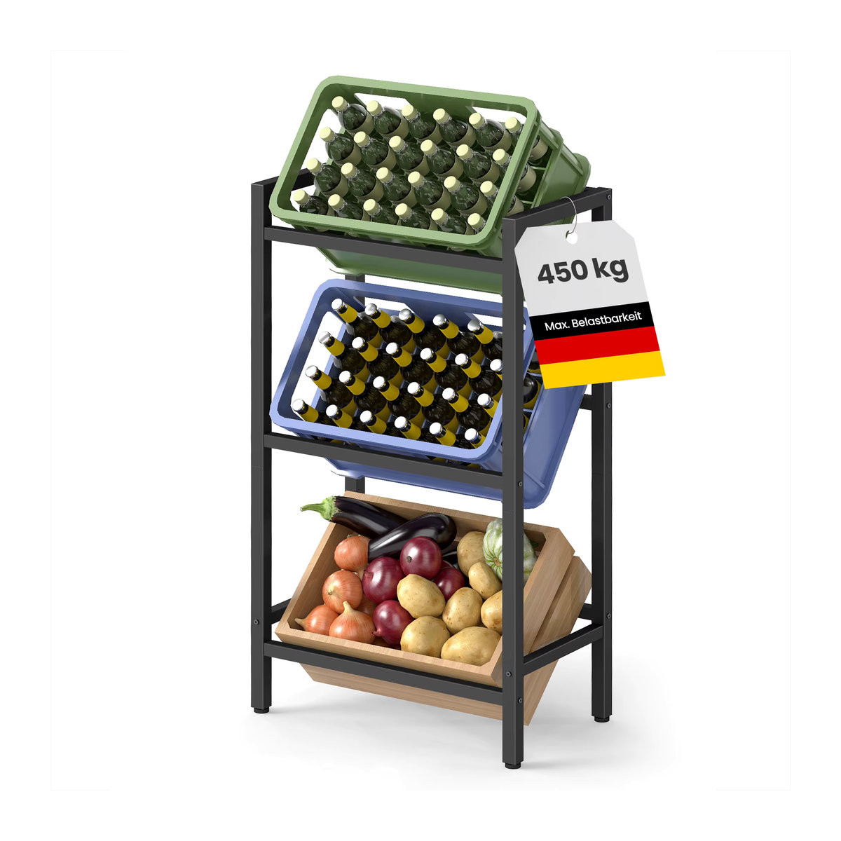 SONGMICS Getränkekistenregal aus Stahl in Schwarz, 3 Ebenen für 3 Kisten, belastbares Aufbewahrungsregal im Industrial Design - Bild 2