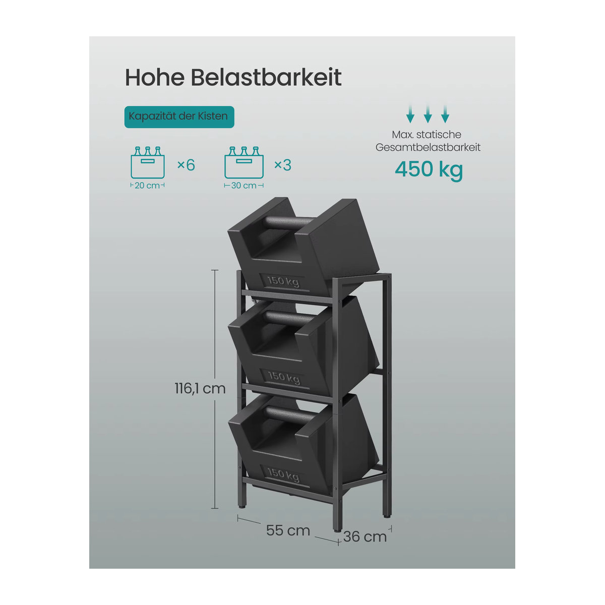 SONGMICS Getränkekistenregal aus Stahl in Schwarz, 3 Ebenen für 3 Kisten, belastbares Aufbewahrungsregal im Industrial Design - Bild 5