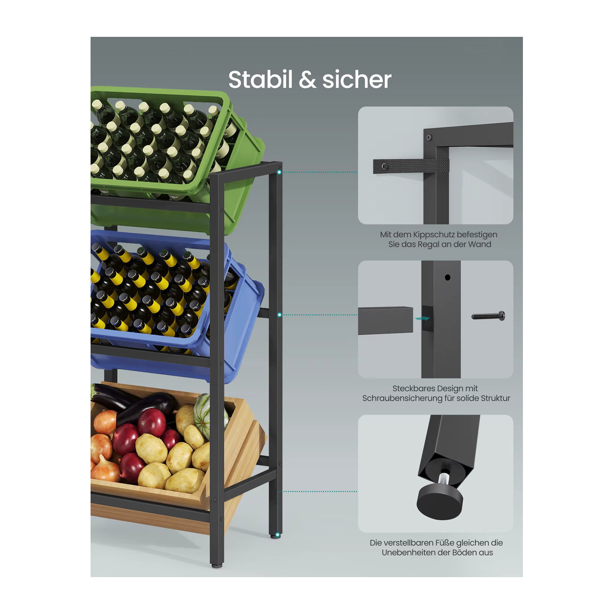 SONGMICS Getränkekistenregal aus Stahl in Schwarz, 3 Ebenen für 3 Kisten, belastbares Aufbewahrungsregal im Industrial Design - Bild 6