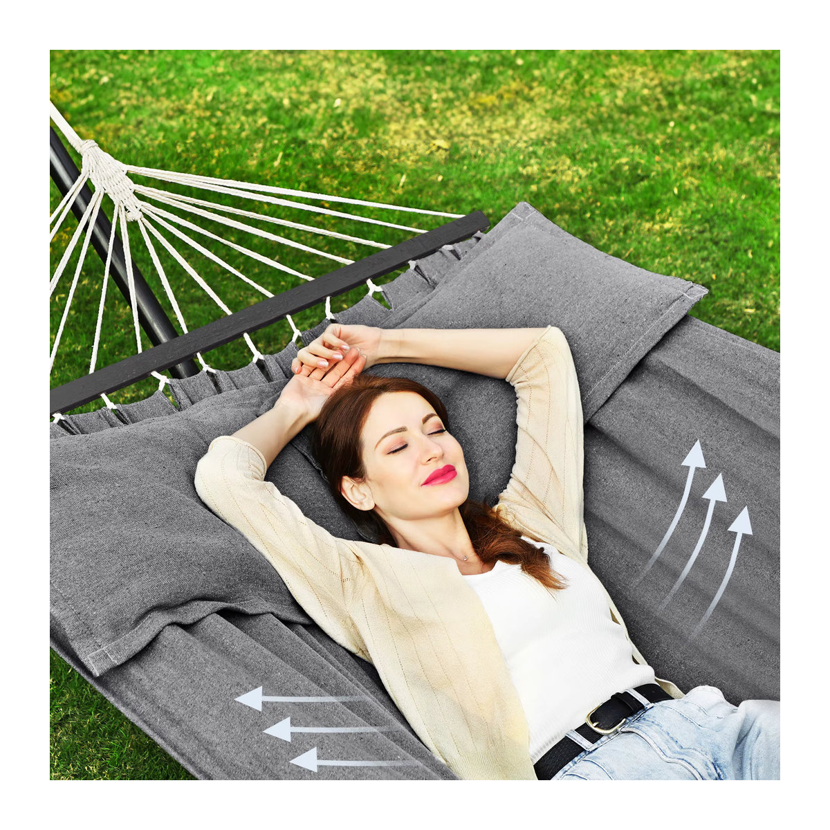 SONGMICS Hängematte für Outdoor mit 2 Holzstangen und 2 Kissen, grau-schwarz, B: 210 cm, H: 150 cm - Bild 4