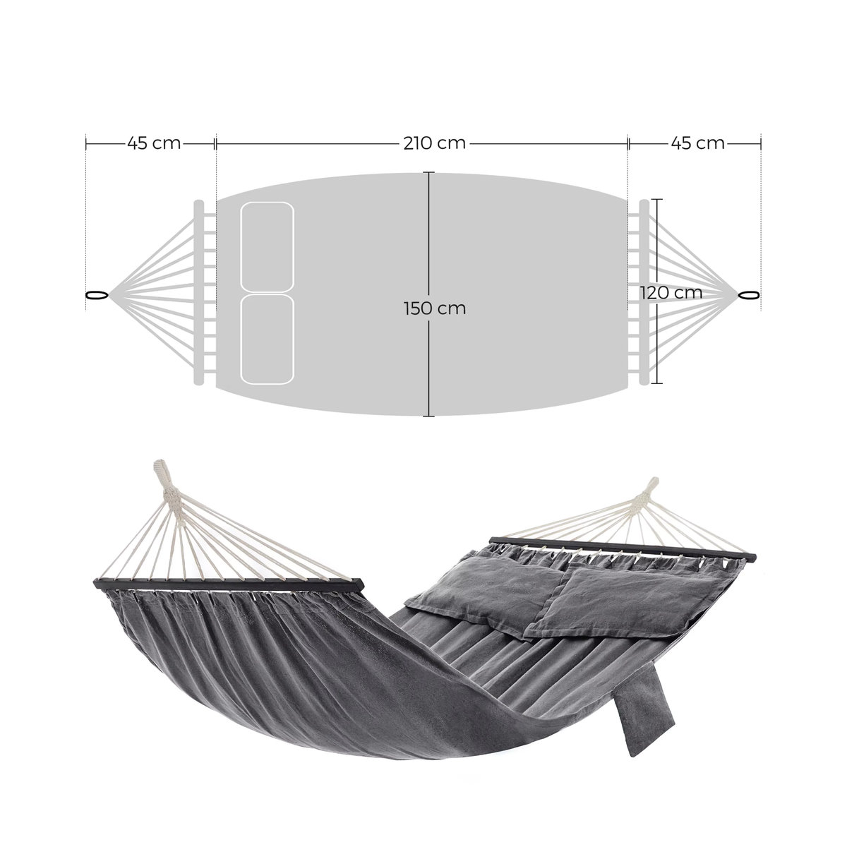 SONGMICS Hängematte für Outdoor mit 2 Holzstangen und 2 Kissen, grau-schwarz, B: 210 cm, H: 150 cm - Bild 5