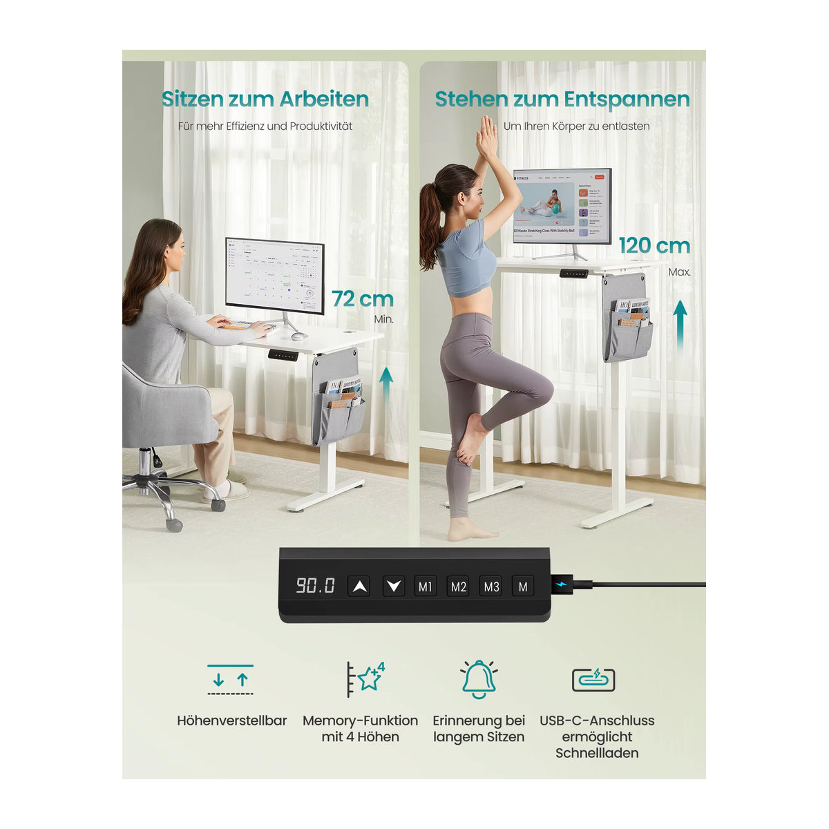 SONGMICS Höhenverstellbarer Schreibtisch mit Memory-Funktion und USB-C-Anschluss, B/T: 100 x 60 cm - Bild 3