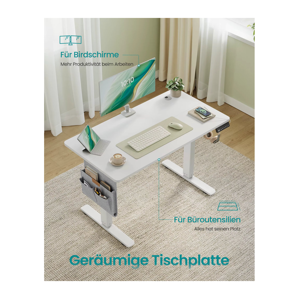 SONGMICS Höhenverstellbarer Schreibtisch mit Memory-Funktion und USB-C-Anschluss, B/T: 100 x 60 cm - Bild 4