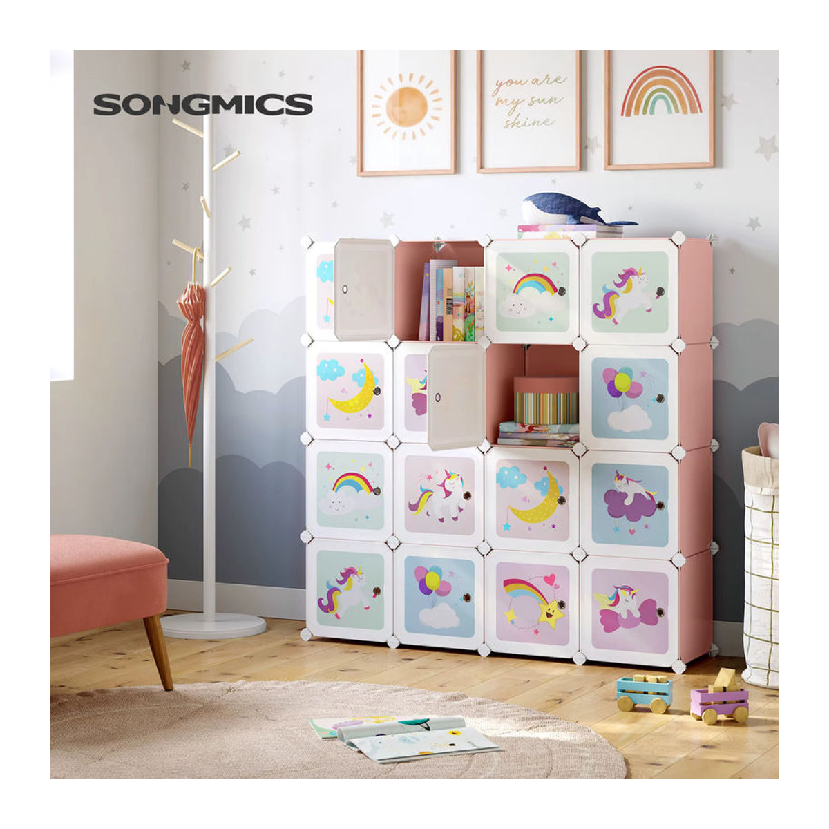 SONGMICS Kinderregal als Mehrzweck-Kleiderschrank und Schuhregal aus Kunststoff in Rosa oder Bunt - Bild 1