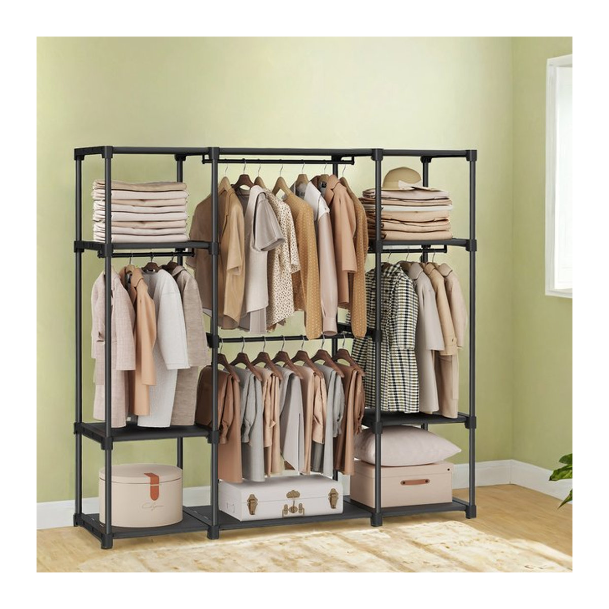 SONGMICS Kleiderschrank offen mit Kleiderstange und 4 Hängefächern, Garderobe aus Metall, Schwarz, B/T/H: 43 x 151 x 166 cm - Bild 1