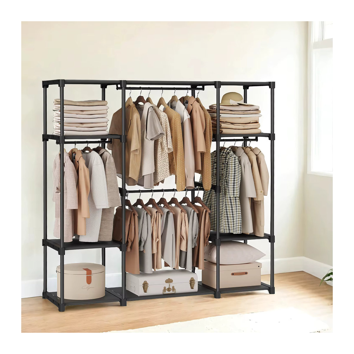 SONGMICS Kleiderschrank offen mit Kleiderstange und 4 Hängefächern, Garderobe aus Metall, Schwarz, B/T/H: 43 x 151 x 166 cm - Bild 2