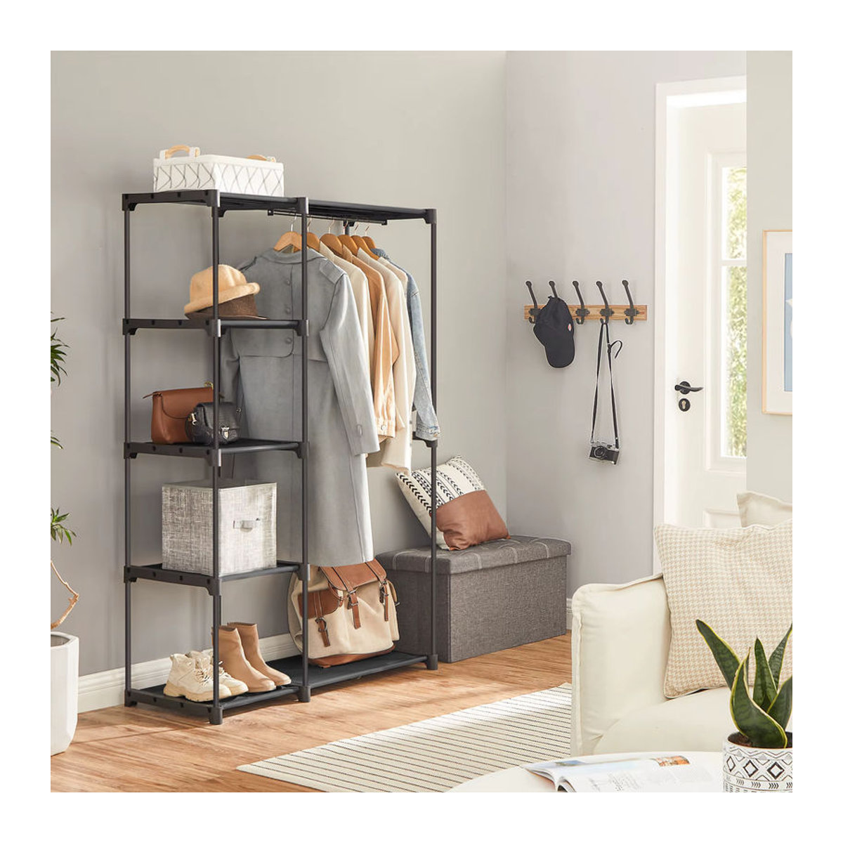 SONGMICS Kleiderschrank offen mit Kleiderstangen im Industrial-Design, Schwarz - Bild 3