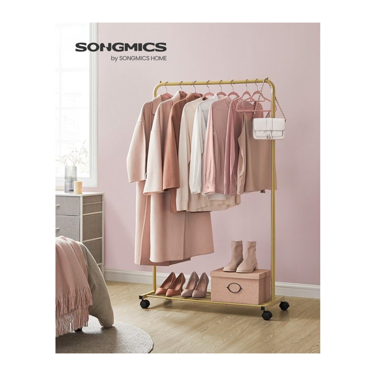 SONGMICS Kleiderständer aus Metall mit Rollen und Ablage, Rollgarderobe in Weiß und Gold, Breite: 91 cm - Bild 1