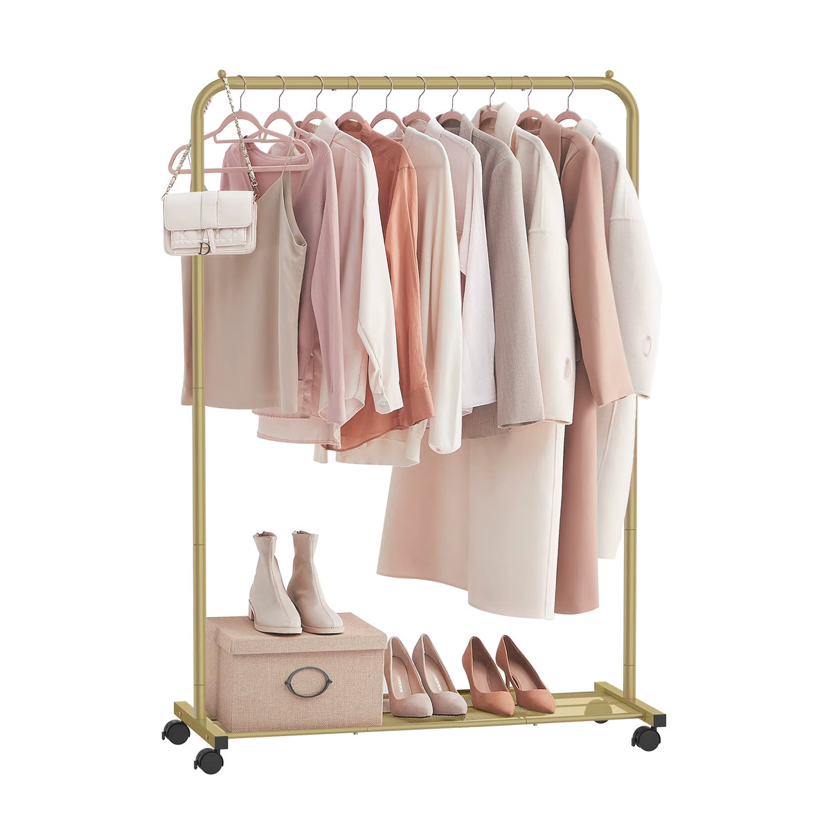 SONGMICS Kleiderständer aus Metall mit Rollen und Ablage, Rollgarderobe in Weiß und Gold, Breite: 91 cm - Bild 2