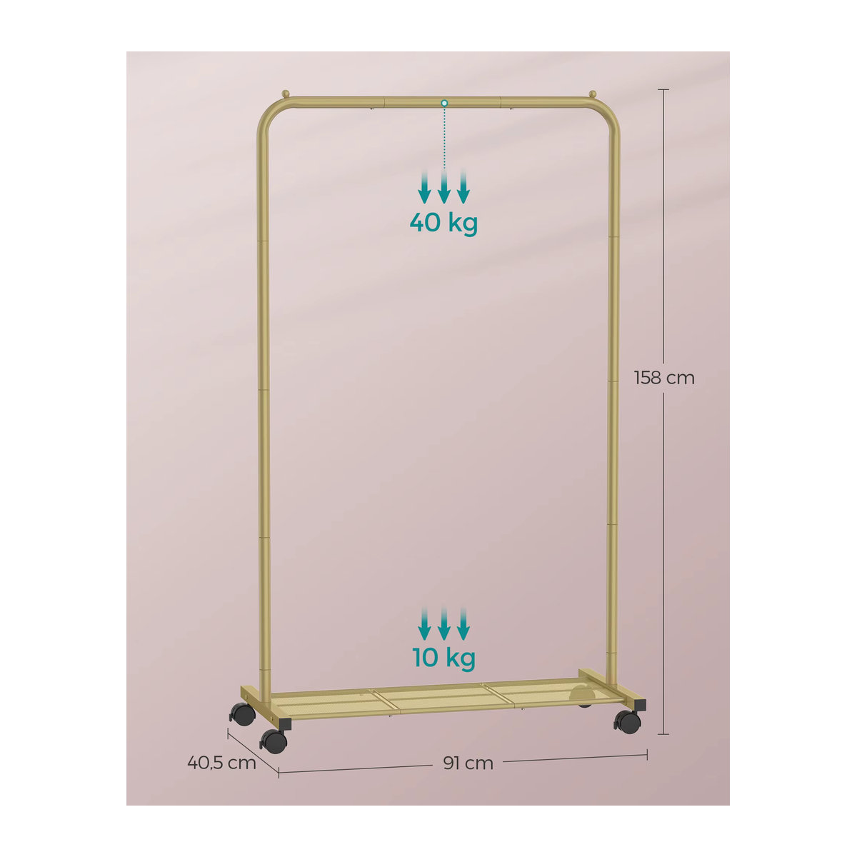 SONGMICS Kleiderständer aus Metall mit Rollen und Ablage, Rollgarderobe in Weiß und Gold, Breite: 91 cm - Bild 3