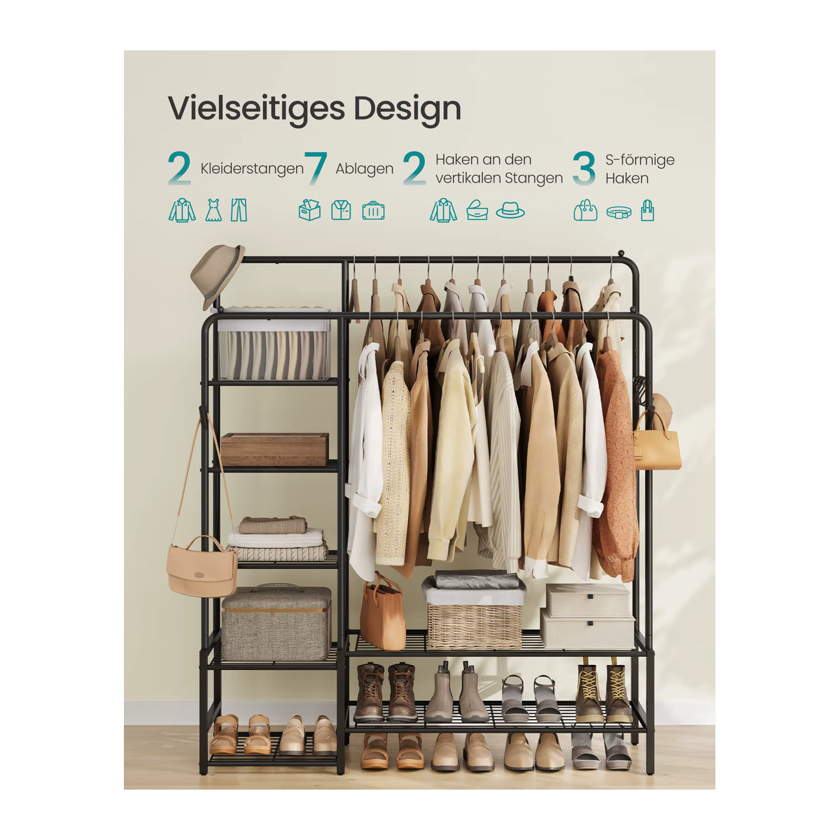 SONGMICS Kleiderständer in Schwarz, offener Kleiderschrank aus Metall mit 7 Ablagen und Kleiderstange im modernen Design - Bild 2