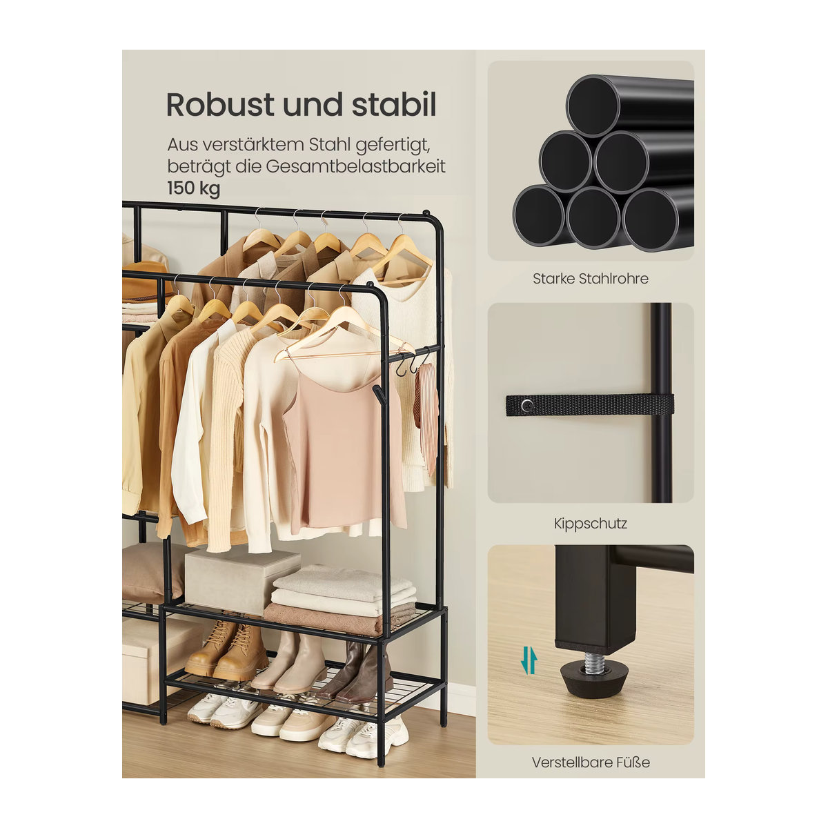 SONGMICS Kleiderständer in Schwarz, offener Kleiderschrank aus Metall mit 7 Ablagen und Kleiderstange im modernen Design - Bild 3