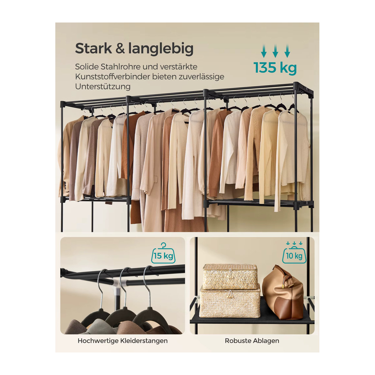 SONGMICS Kleiderständer mit 5 Hängefächern in Beige und Schwarz aus Metall im modernen Design - Bild 3