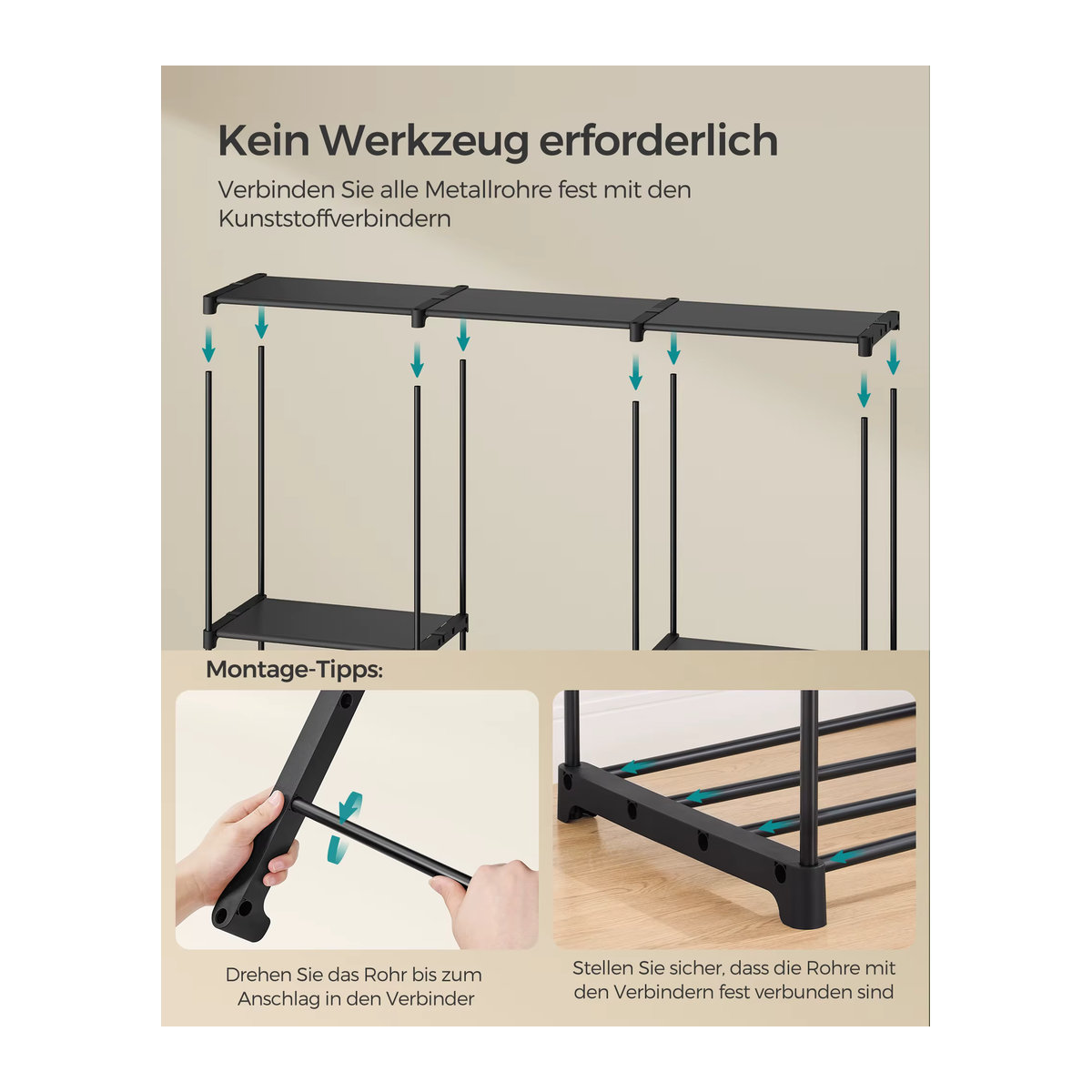 SONGMICS Kleiderständer mit 5 Hängefächern in Beige und Schwarz aus Metall im modernen Design - Bild 4