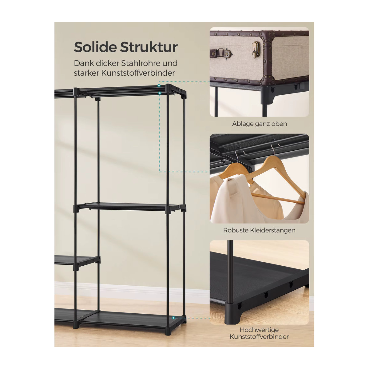 SONGMICS Kleiderständer mit 5 Hängefächern in Beige und Schwarz aus Metall im modernen Design - Bild 5