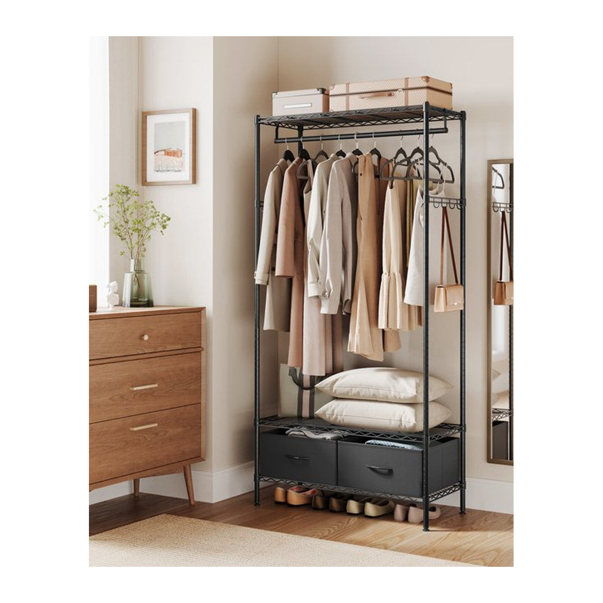 SONGMICS Kleiderständer offener Kleiderschrank in Schwarz im Industrial Design mit 2 Schubladen, Kleiderstange und Gitterablagen aus Metall - Bild 1