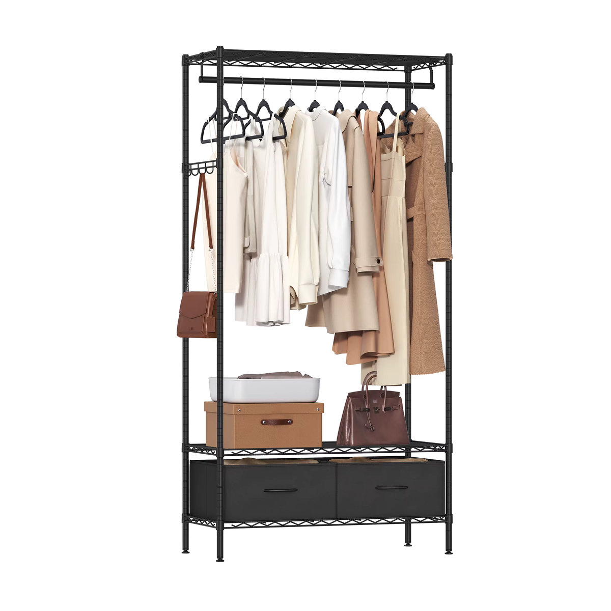 SONGMICS Kleiderständer offener Kleiderschrank in Schwarz im Industrial Design mit 2 Schubladen, Kleiderstange und Gitterablagen aus Metall - Bild 2