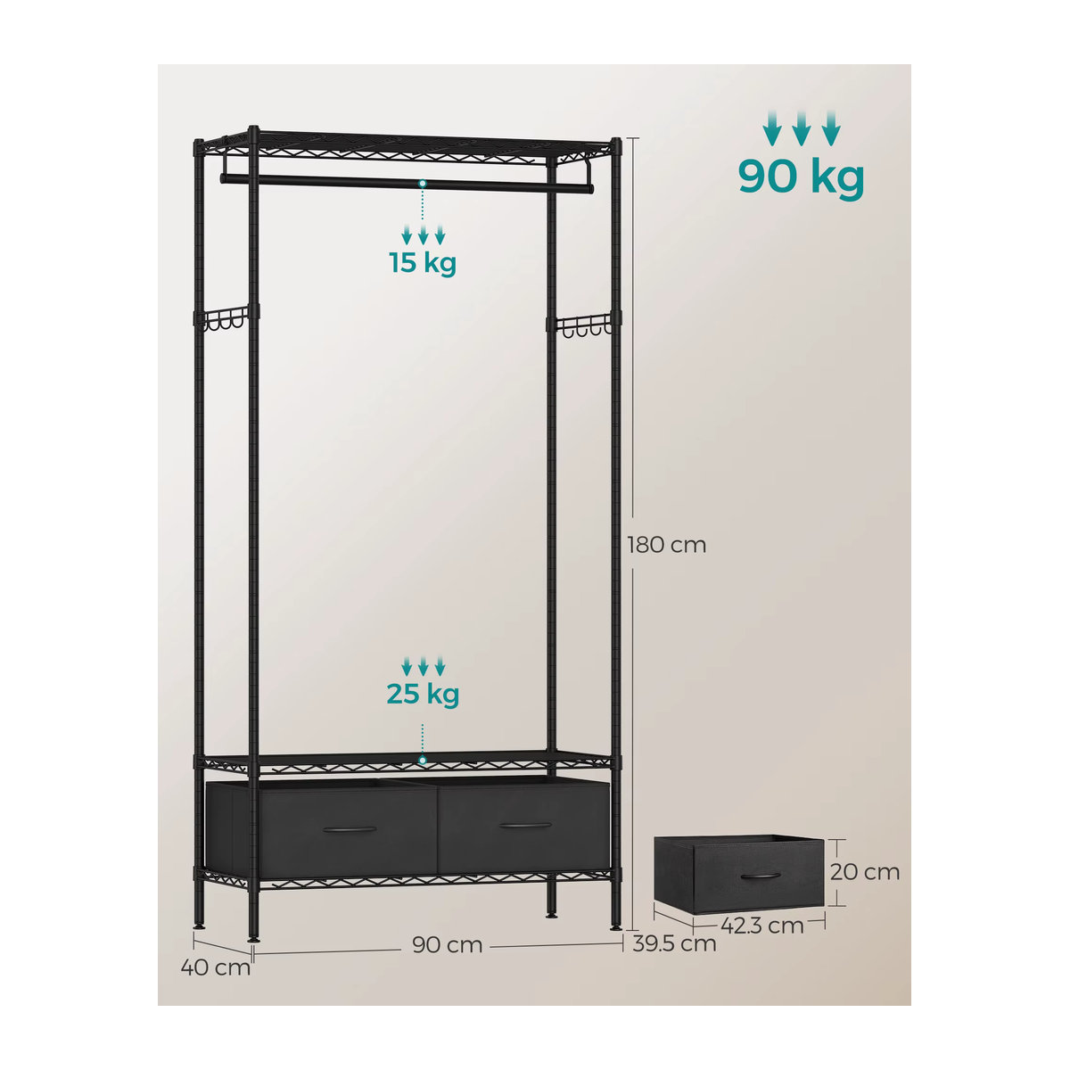 SONGMICS Kleiderständer offener Kleiderschrank in Schwarz im Industrial Design mit 2 Schubladen, Kleiderstange und Gitterablagen aus Metall - Bild 3