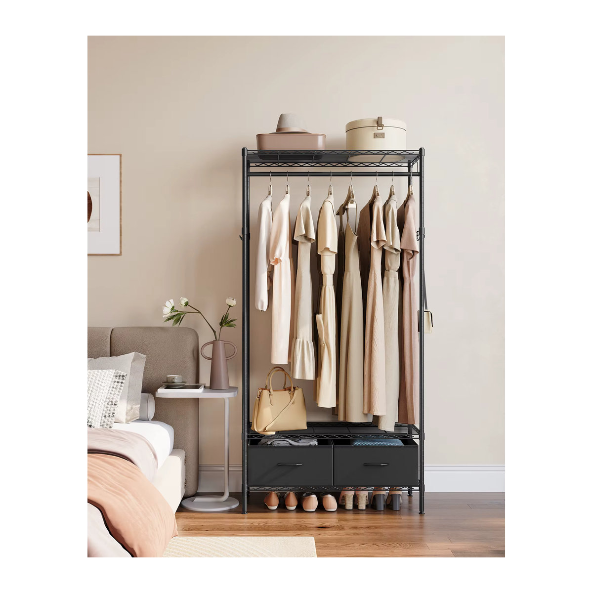 SONGMICS Kleiderständer offener Kleiderschrank in Schwarz im Industrial Design mit 2 Schubladen, Kleiderstange und Gitterablagen aus Metall - Bild 5