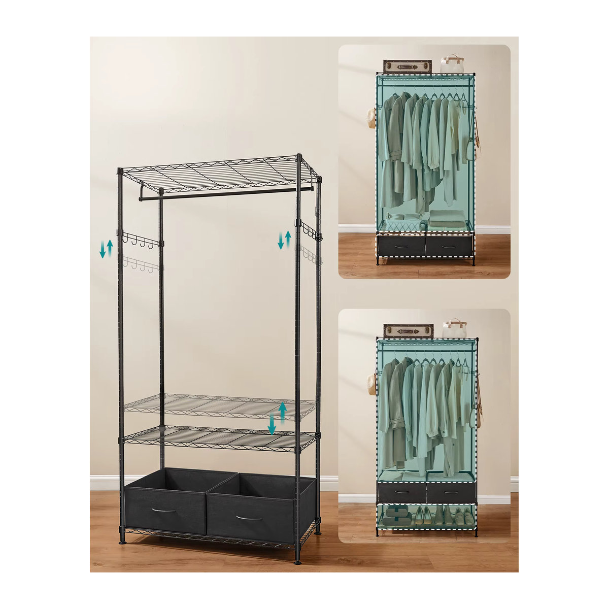 SONGMICS Kleiderständer offener Kleiderschrank in Schwarz im Industrial Design mit 2 Schubladen, Kleiderstange und Gitterablagen aus Metall - Bild 6