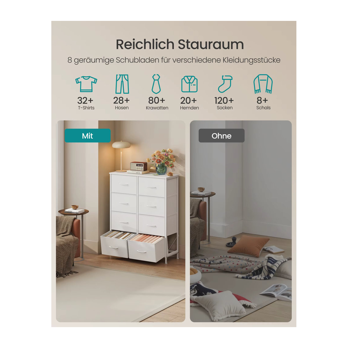 SONGMICS Kommode mit 8 Stoffschubladen in Weiß für Schlafzimmer, Flur und Wohnzimmer - Bild 2