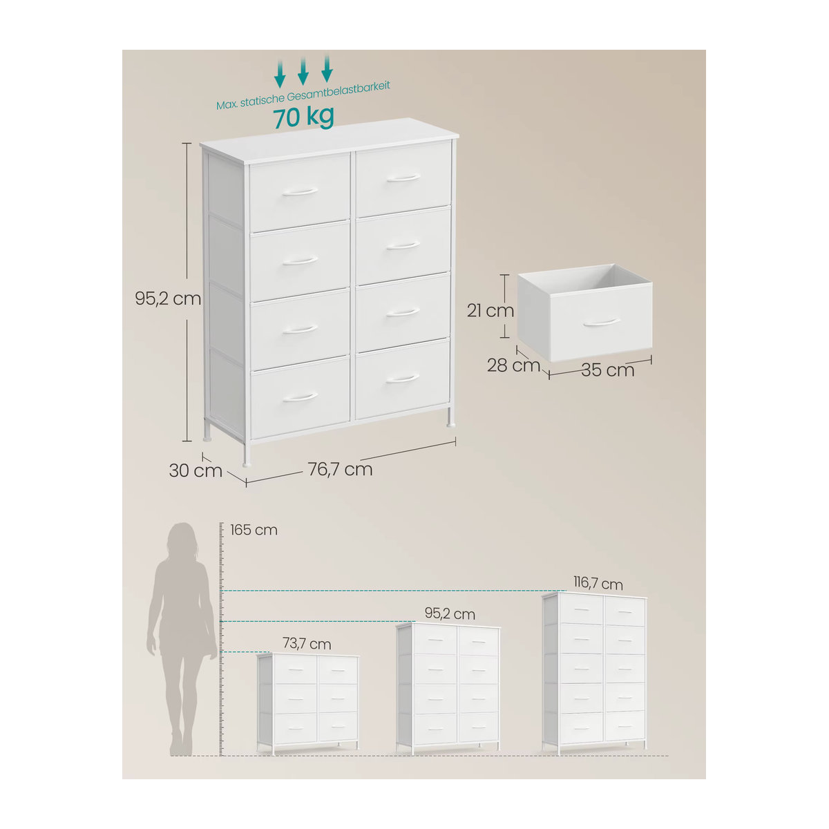SONGMICS Kommode mit 8 Stoffschubladen in Weiß für Schlafzimmer, Flur und Wohnzimmer - Bild 4
