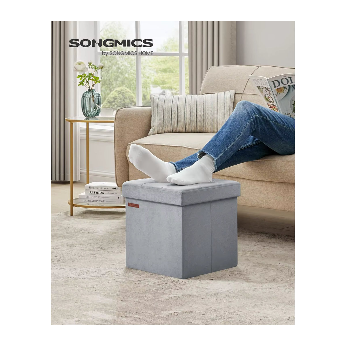SONGMICS Polsterhocker Sitzbank und Aufbewahrungsbox mit Deckel aus Samt in Anthrazit und Grau - Bild 3
