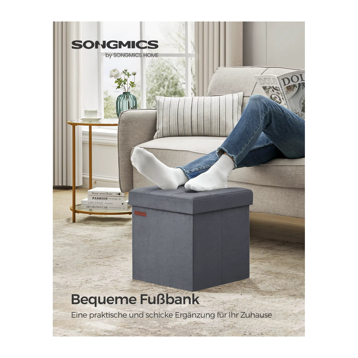 SONGMICS Polsterhocker Sitzbank und Aufbewahrungsbox mit Deckel aus Samt in Anthrazit und Grau - Bild 4