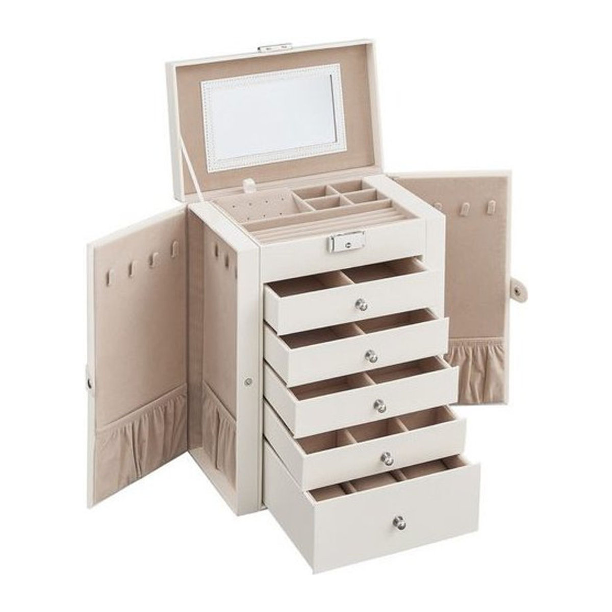 SONGMICS Schmuckkasten aus Leder mit 6 Ebenen und seitlichen Klapptüren in Weiß oder Beige - Bild 1