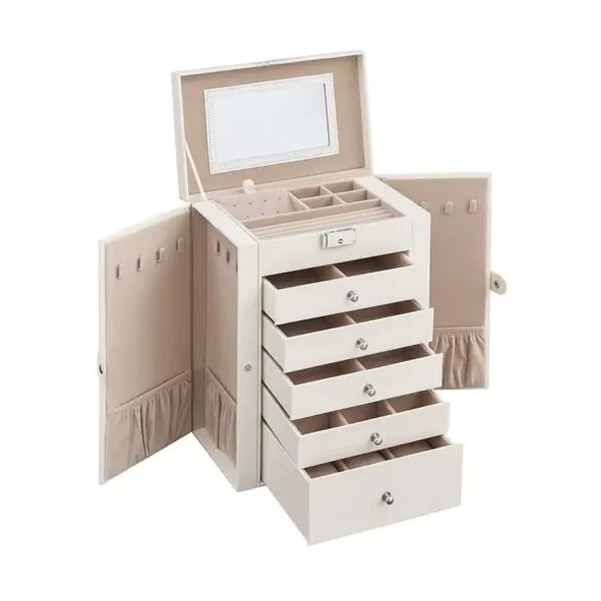 SONGMICS Schmuckkasten aus Leder mit 6 Ebenen und seitlichen Klapptüren in Weiß oder Beige - Bild 3