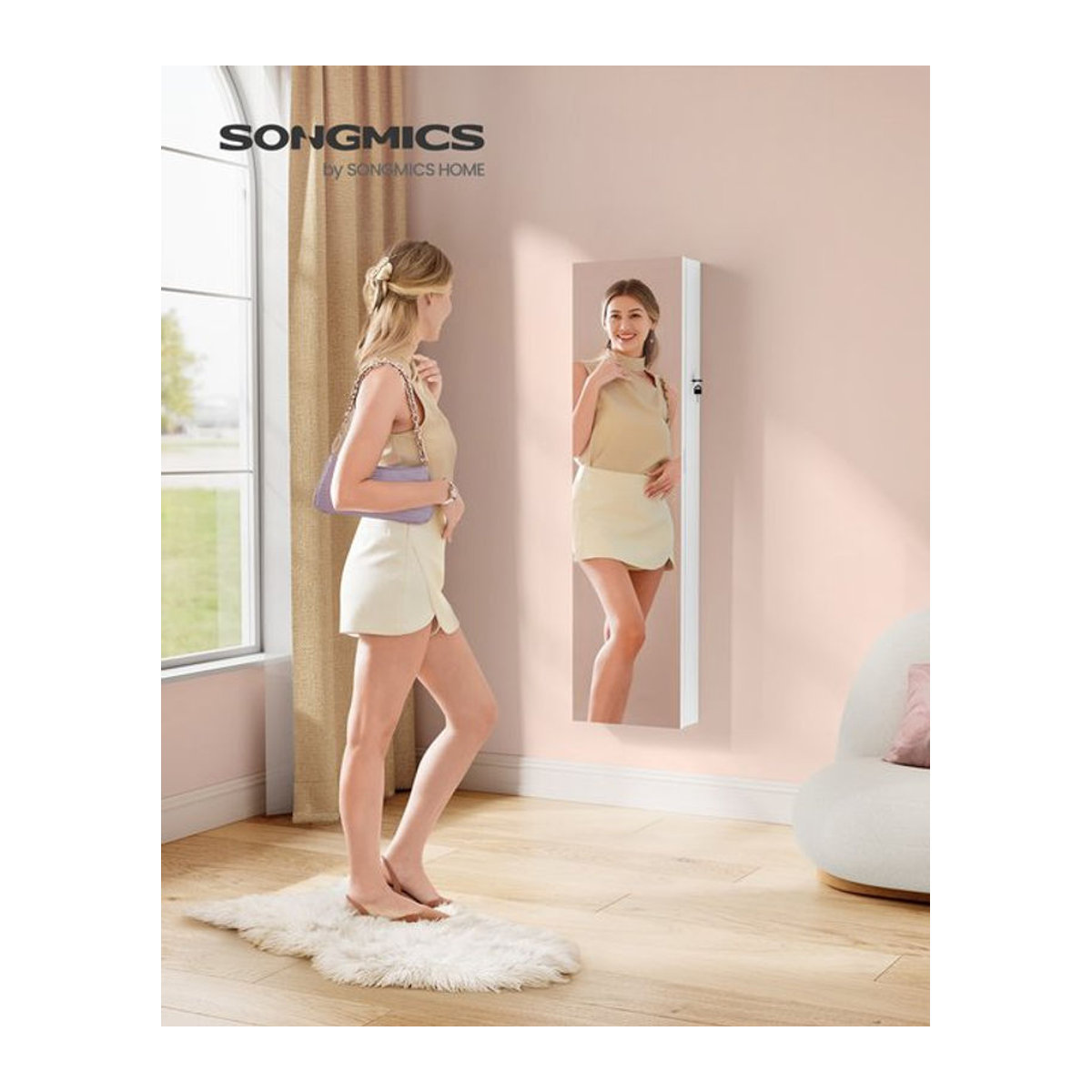 SONGMICS Schmuckschrank in Weiß mit beleuchtetem Innenspiegel, moderner Schmuckorganizer als Wand- oder Türmontage, Höhe: 140 cm - Bild 1