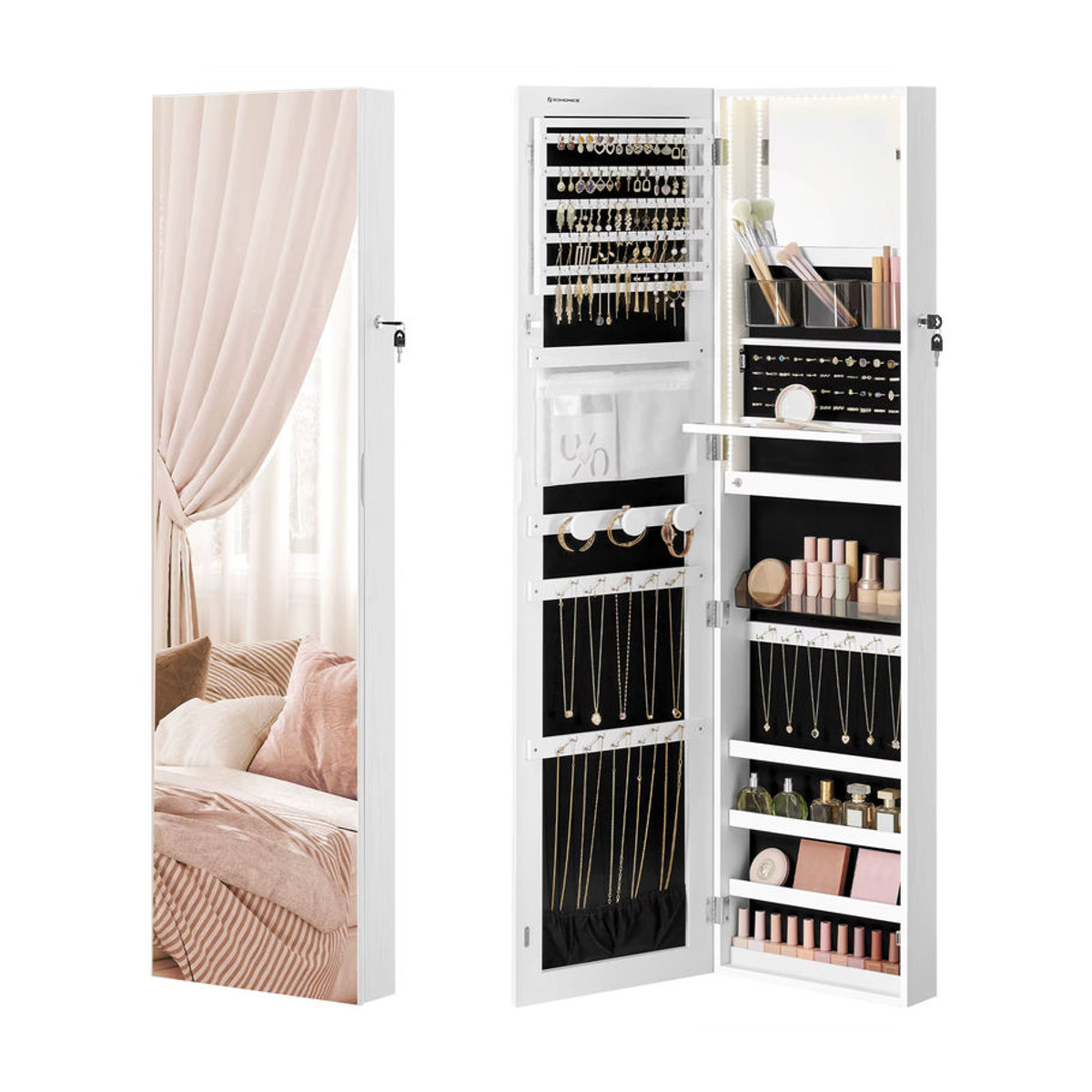 SONGMICS Schmuckschrank in Weiß mit beleuchtetem Innenspiegel, moderner Schmuckorganizer als Wand- oder Türmontage, Höhe: 140 cm - Bild 2