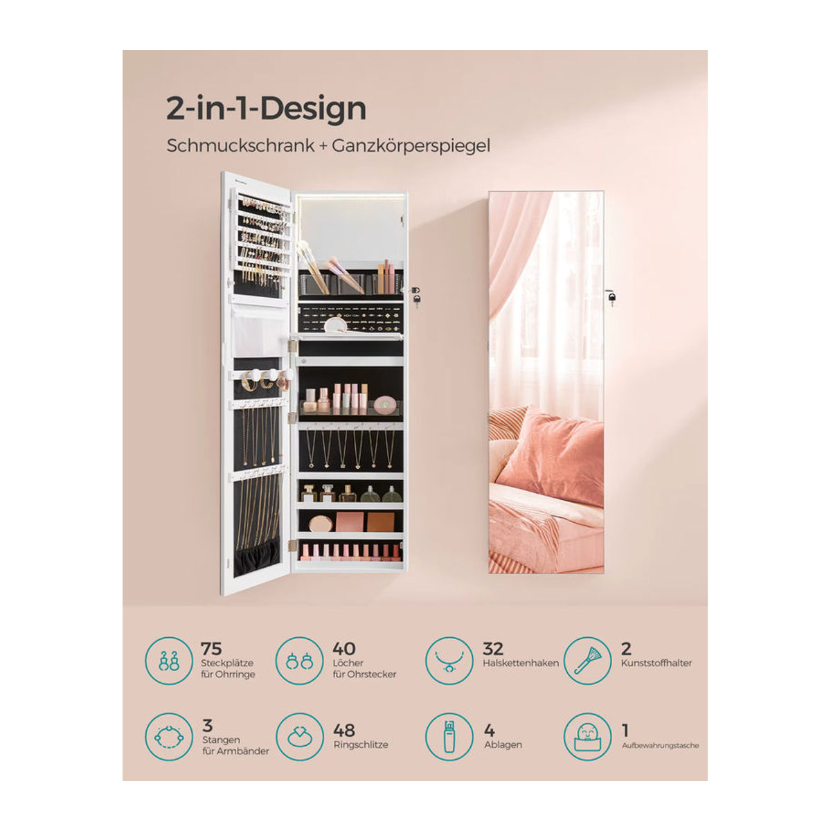 SONGMICS Schmuckschrank in Weiß mit beleuchtetem Innenspiegel, moderner Schmuckorganizer als Wand- oder Türmontage, Höhe: 140 cm - Bild 4