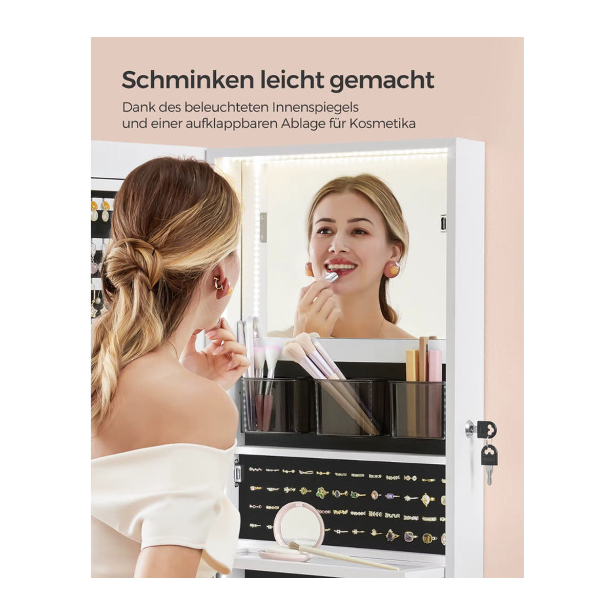 SONGMICS Schmuckschrank in Weiß mit beleuchtetem Innenspiegel, moderner Schmuckorganizer als Wand- oder Türmontage, Höhe: 140 cm - Bild 5